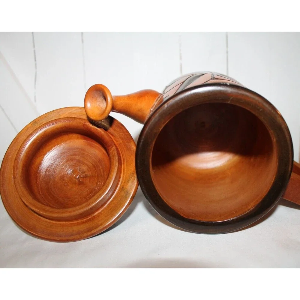 Vintage Polynesian Wooden Pitcher Hand Carved with Lid, Beautifully Crafted.